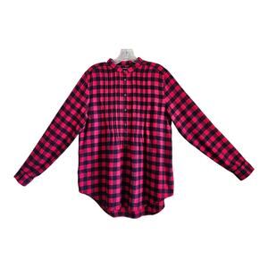 LANDS END Women 10 Flannel Tunic Shirt Red Buffalo Check Pintuck Pleats 40"
